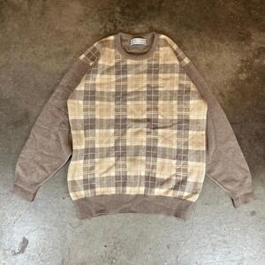 Vintage 90s Lyle & Scott brown plaid cashmere sweater Size men's large